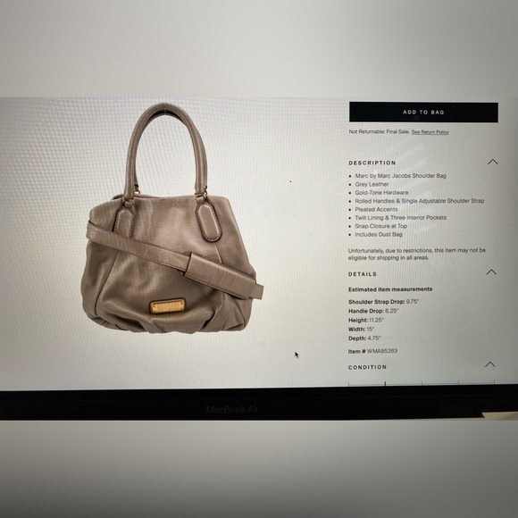 Marc by Marc Jacobs Solid Leather Shoulder Bag in Cement color, Very Good - Picture 12 of 12